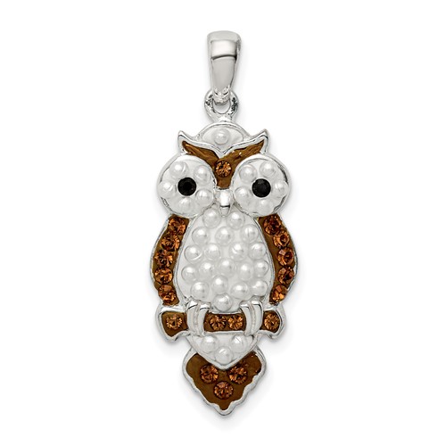 Sterling Silver Rhod-pltd Imitation Pearl Preciosa Crystal Owl Pendant