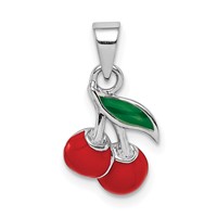 Sterling Silver RH-plated Red & Green Enameled Cherry Children's Pendant view 1