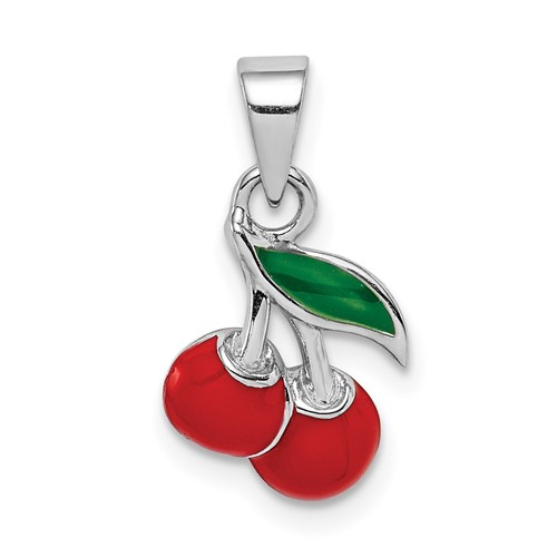 Sterling Silver RH-plated Red & Green Enameled Cherry Children's Pendant