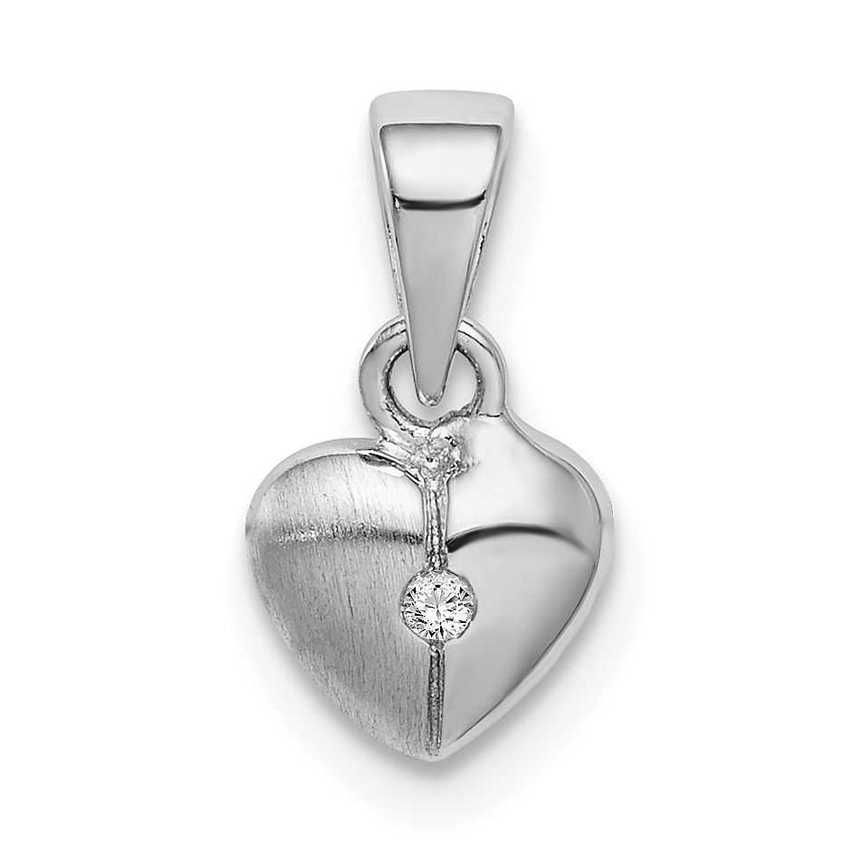 Sterling Silver Rhod-plated Polished & Satin CZ Heart Children's Pendant (QC9648)