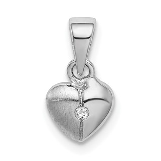 Sterling Silver Rhod-plated Polished & Satin CZ Heart Children's Pendant
