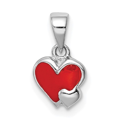 Sterling Silver Rhodium-plated Red Enameled Hearts Petite Pendant