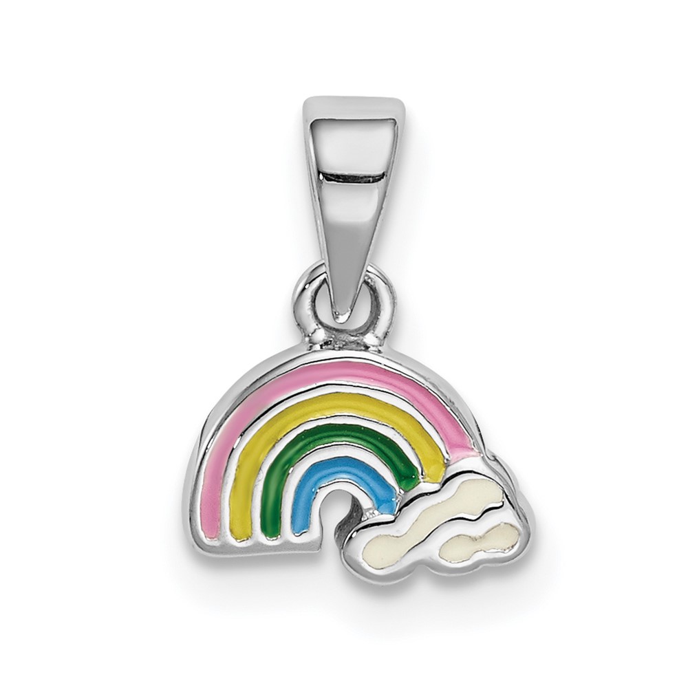Sterling Silver Rhodium-plated Polished and Enameled Rainbow Pendant with Clouds Petite