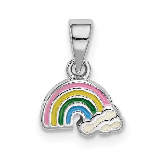 Sterling Silver Rhodium-plated Polished and Enameled Rainbow Pendant with Clouds Petite