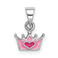 Sterling Silver Rhodium-plated Pink Enameled Heart Crown Petite Pendant view 1