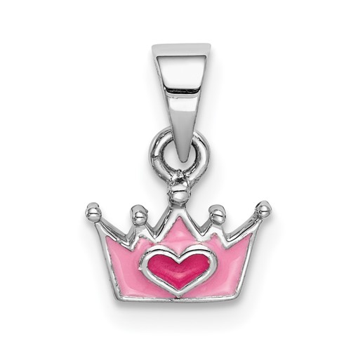 Sterling Silver Rhodium-plated Pink Enameled Heart Crown Petite Pendant