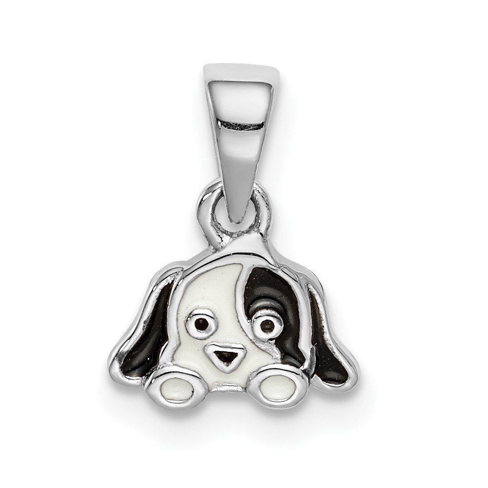Sterling Silver RH-plated Black White Enameled Puppy Children's Pendant
