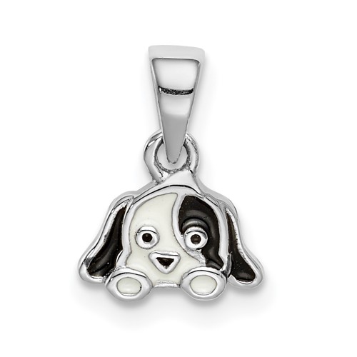 Sterling Silver RH-plated Black White Enameled Puppy Children's Pendant