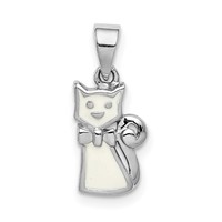 Sterling Silver RH-plated Polished White Enameled Cat Children's Pendant view 1