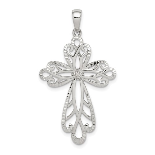 Sterling Silver Diamond Accent and Diamond-cut Filigree Cross Pendant