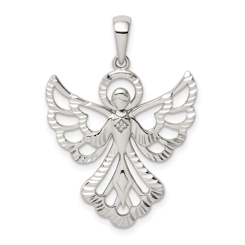 Sterling Silver Diamond & Diamond-cut Angel Pendant