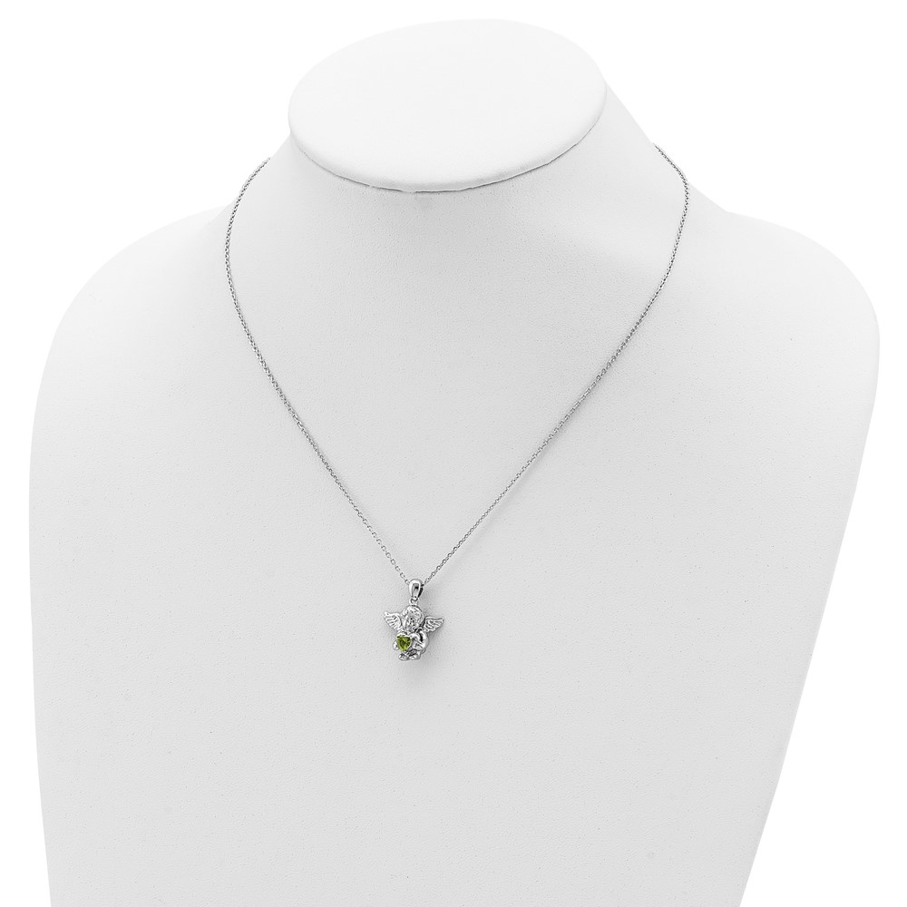 Sterling Silver RH-pltd CZ Aug Birthstone Angel Ash Holder 18in Necklace (QC9753AUG-18)