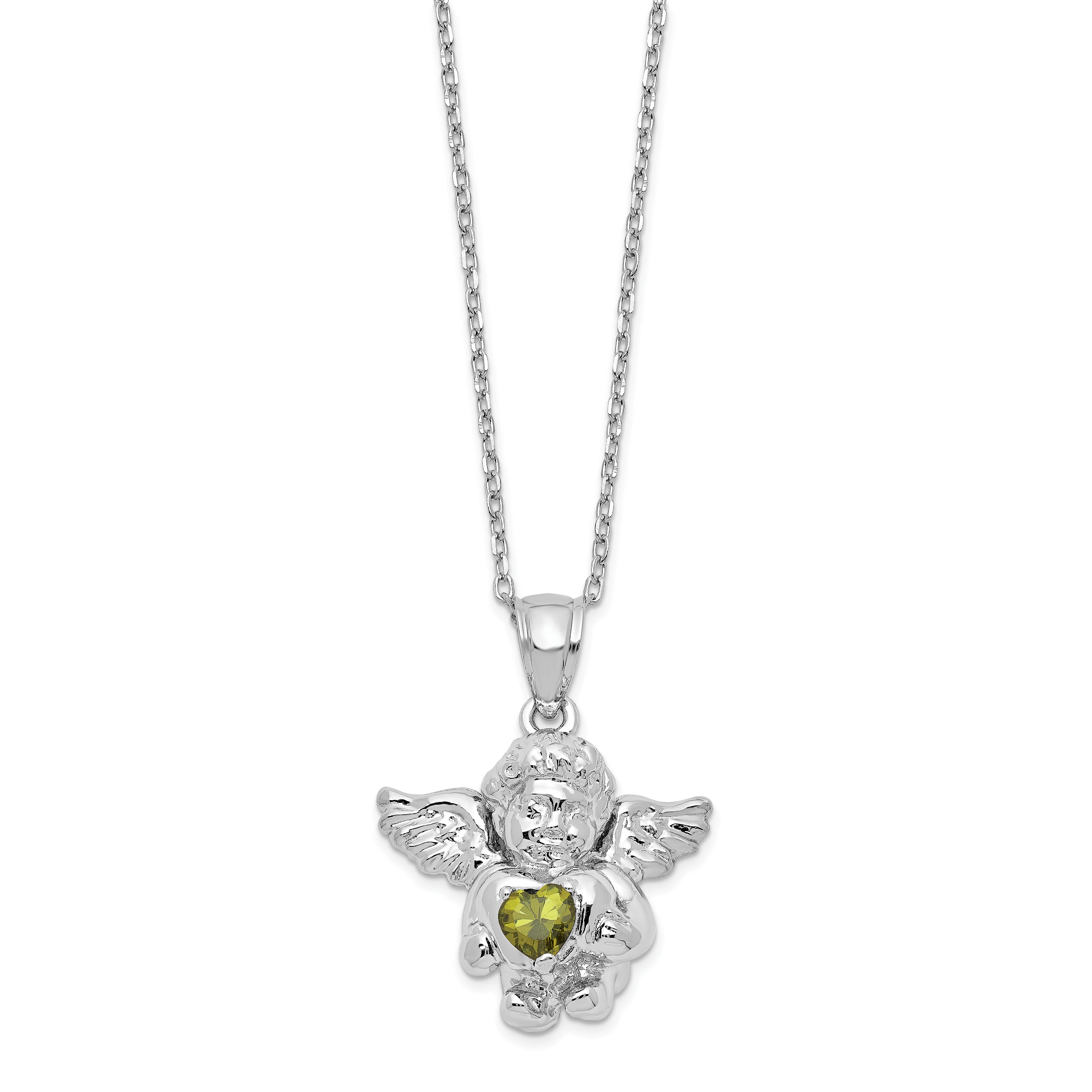 Sterling Silver RH-pltd CZ Aug Birthstone Angel Ash Holder 18in Necklace (QC9753AUG-18)