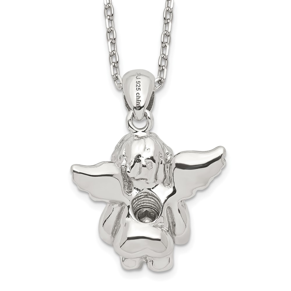 Sterling Silver RH-pltd CZ July Birthstone Angel Ash Holder 18in Necklace (QC9753JUL-18)