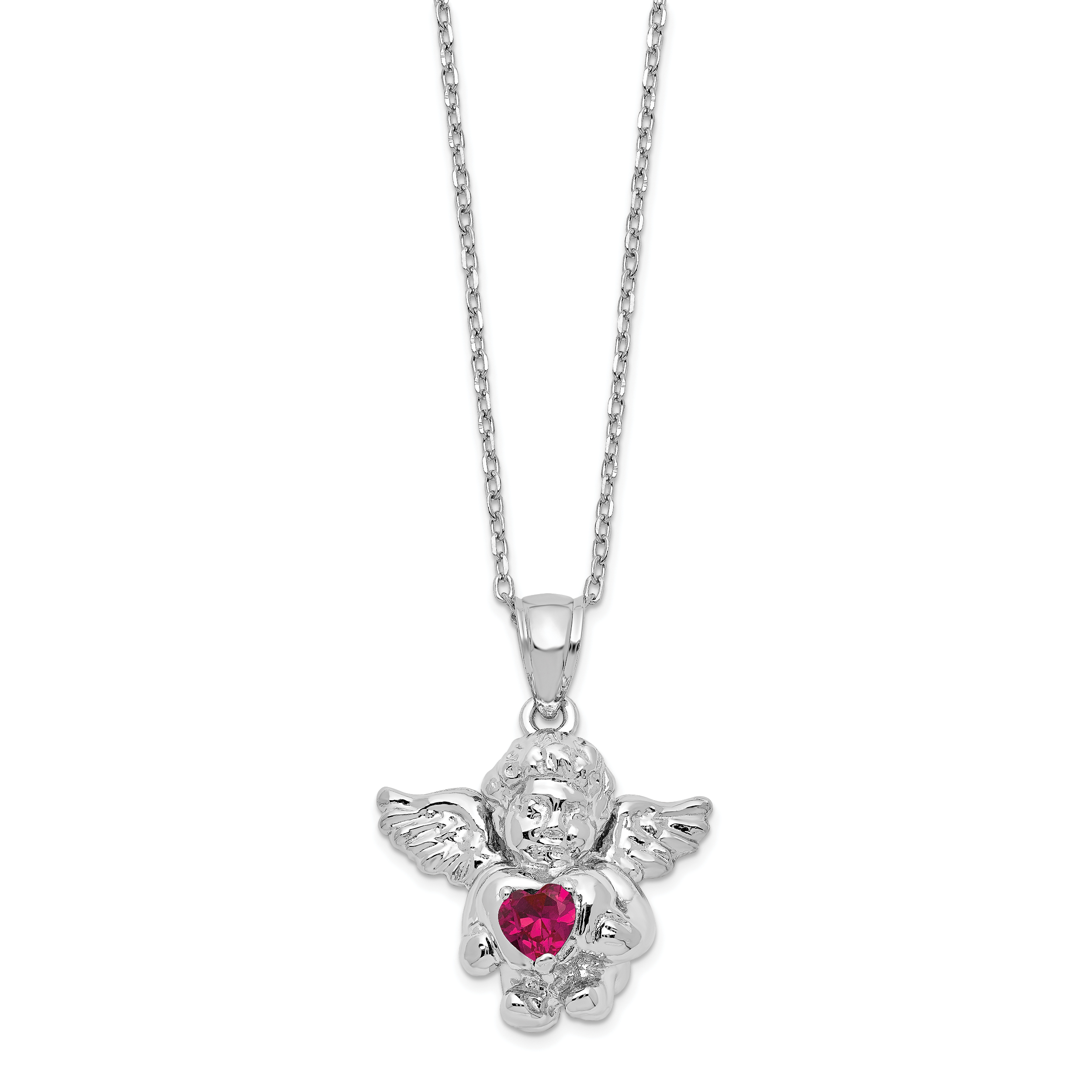 Sterling Silver RH-pltd CZ July Birthstone Angel Ash Holder 18in Necklace (QC9753JUL-18)