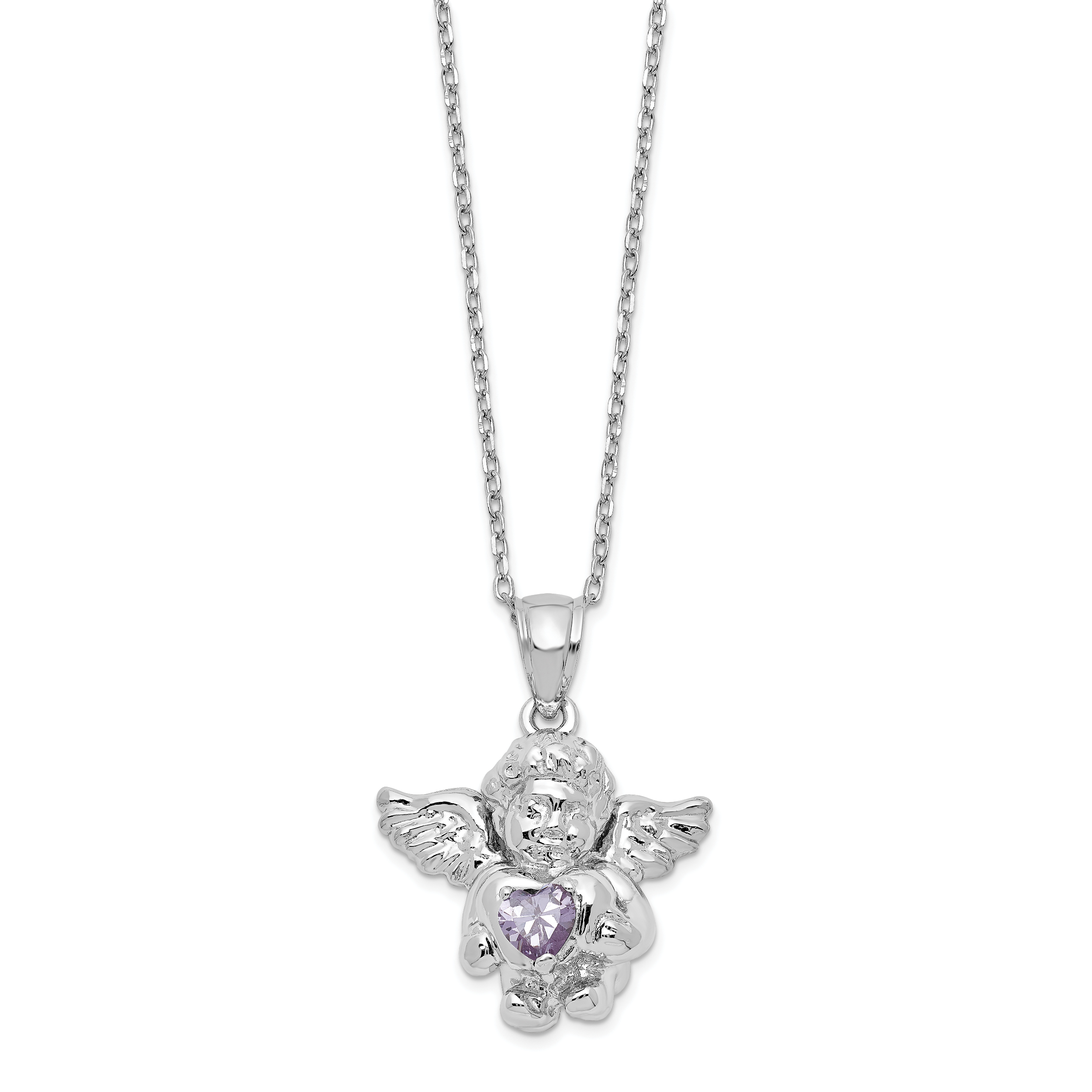 Sterling Silver RH-pltd CZ June Birthstone Angel Ash Holder 18in Necklace (QC9753JUN-18)