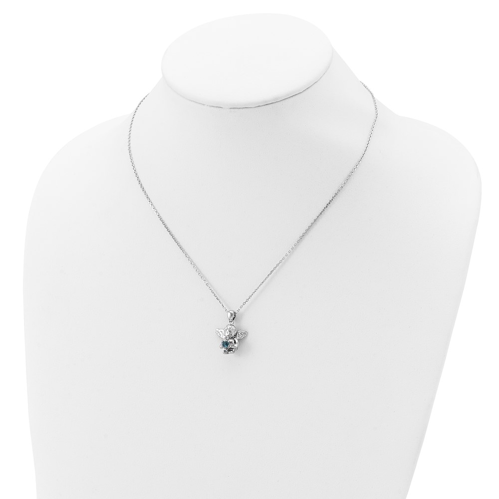 Sterling Silver RH-pltd CZ Mar Birthstone Angel Ash Holder 18in Necklace (QC9753MAR-18)