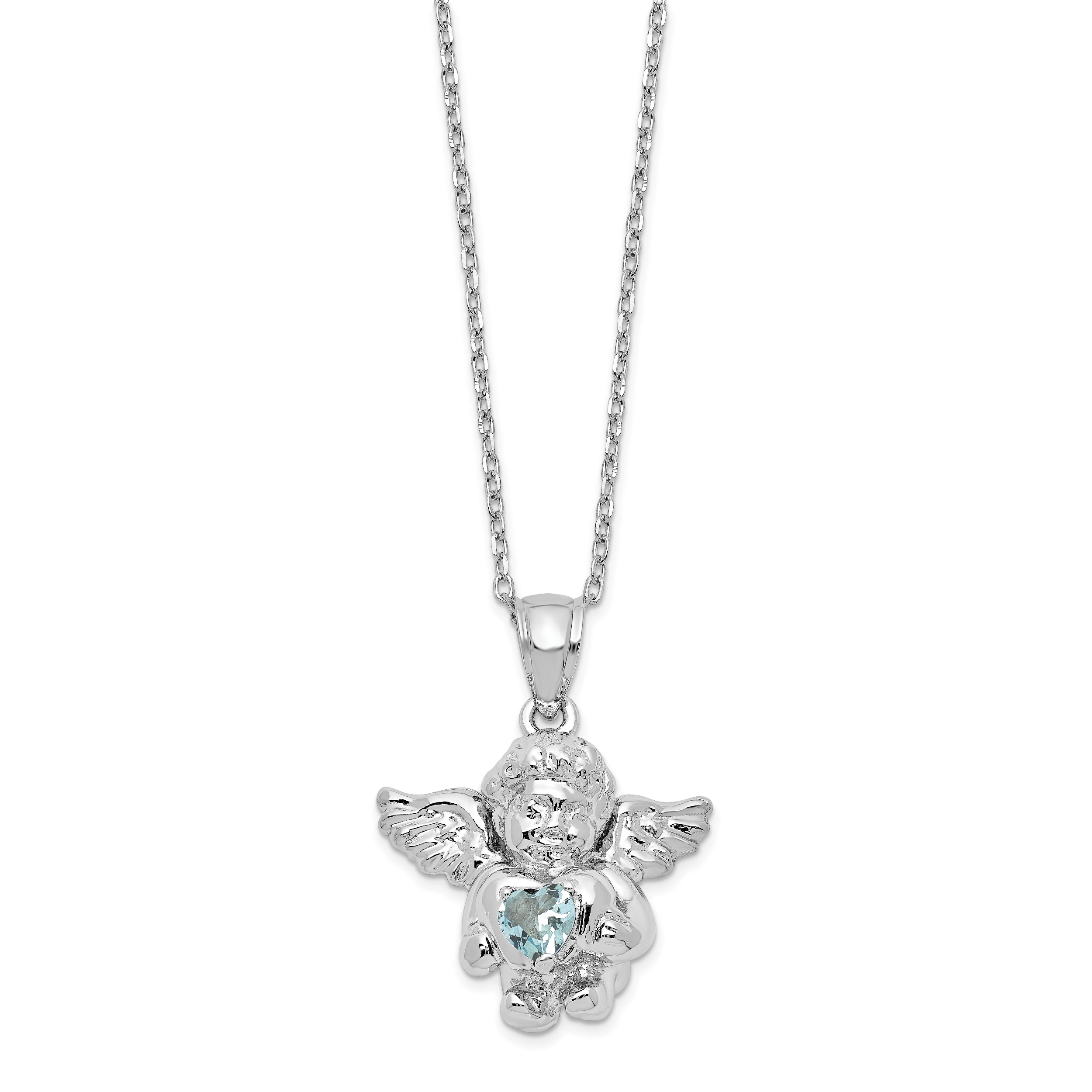 Sterling Silver RH-pltd CZ Mar Birthstone Angel Ash Holder 18in Necklace (QC9753MAR-18)