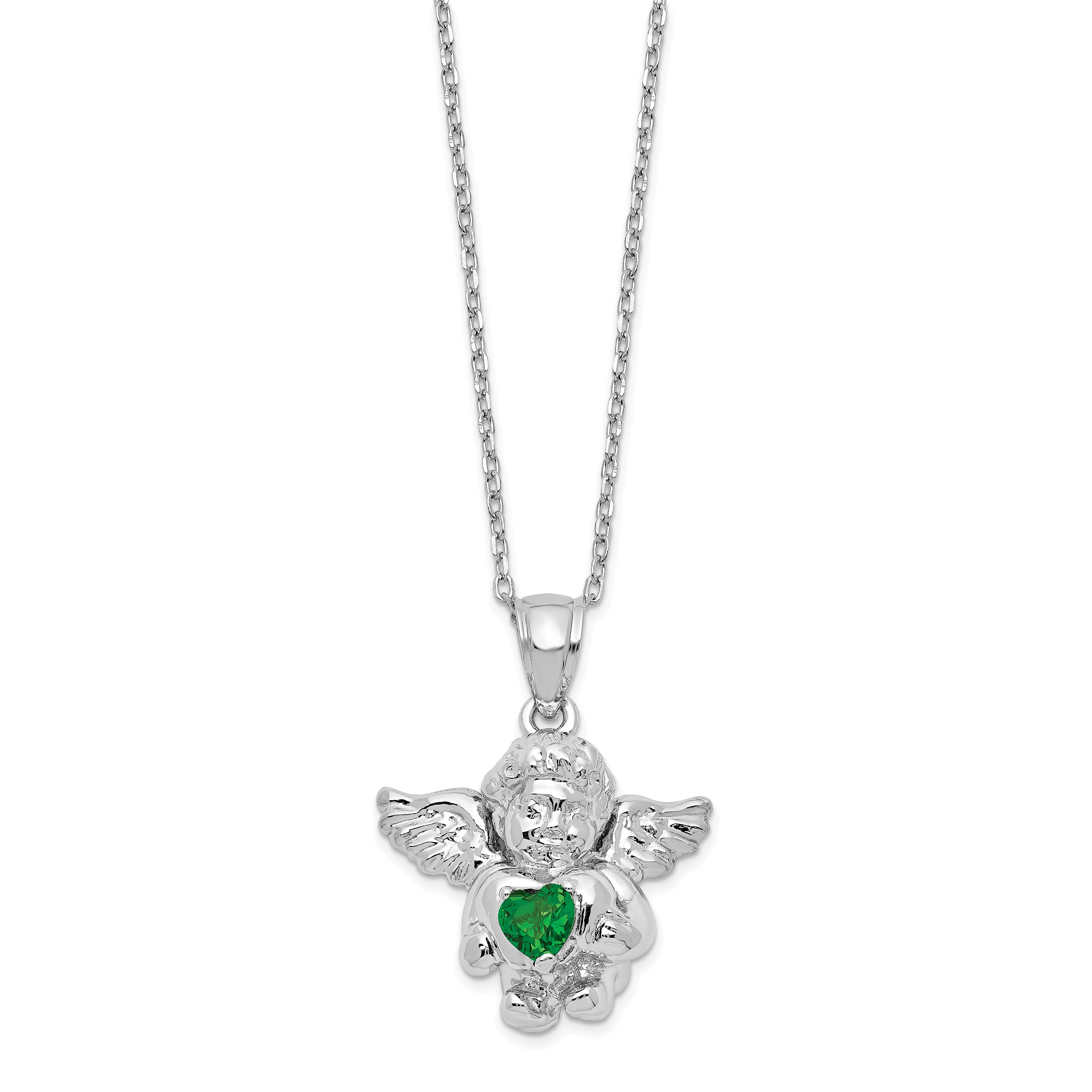Sterling Silver RH-pltd CZ May Birthstone Angel Ash Holder 18in Necklace (QC9753MAY-18)