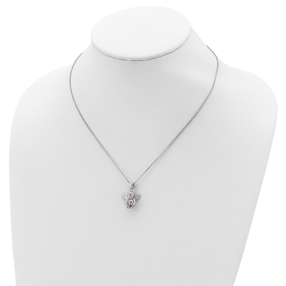 Sterling Silver RH-pltd CZ Oct Birthstone Angel Ash Holder 18in Necklace (QC9753OCT-18)