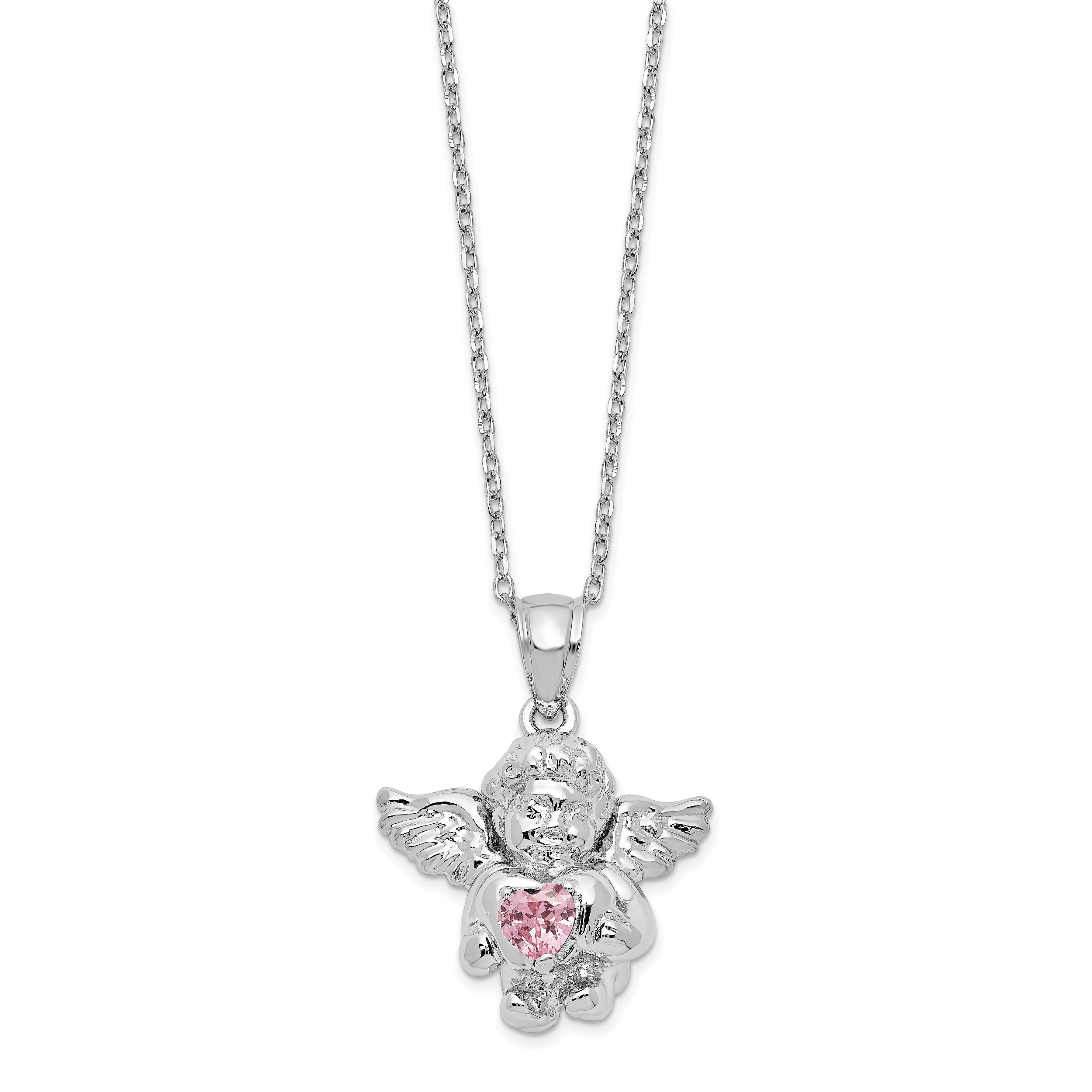 Sterling Silver RH-pltd CZ Oct Birthstone Angel Ash Holder 18in Necklace (QC9753OCT-18)