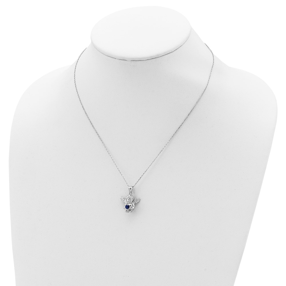 Sterling Silver RH-pltd CZ Sept Birthstone Angel Ash Holder 18in Necklace (QC9753SEP-18)