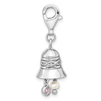 Amore La Vita Sterling Silver Rhodium-plated Polished 3-D CZ and Freshwater Cultured Pearl Wedding Bell Charm with Fancy Lobster Clasp view 2
