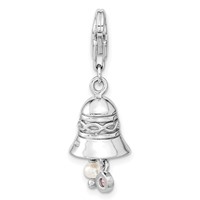 Amore La Vita Sterling Silver Rhodium-plated Polished 3-D CZ and Freshwater Cultured Pearl Wedding Bell Charm with Fancy Lobster Clasp view 4