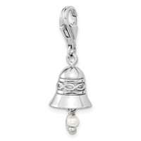 Amore La Vita Sterling Silver Rhodium-plated Polished 3-D CZ and Freshwater Cultured Pearl Wedding Bell Charm with Fancy Lobster Clasp view 5