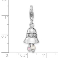 Amore La Vita Sterling Silver Rhodium-plated Polished 3-D CZ and Freshwater Cultured Pearl Wedding Bell Charm with Fancy Lobster Clasp view 3