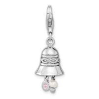 Amore La Vita Sterling Silver Rhodium-plated Polished 3-D CZ and Freshwater Cultured Pearl Wedding Bell Charm with Fancy Lobster Clasp view 1