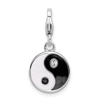Amore La Vita Sterling Silver Rhodium-plated Polished Enameled Crystal Yin and Yang Charm with Fancy Lobster Clasp view 1