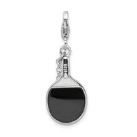 Amore La Vita Sterling Silver Rhodium-plated Polished Moveable Enameled Imitation Pearl Paddle Charm with Fancy Lobster Clasp view 3