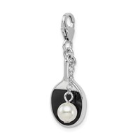 Amore La Vita Sterling Silver Rhodium-plated Polished Moveable Enameled Imitation Pearl Paddle Charm with Fancy Lobster Clasp view 4