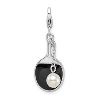 Amore La Vita Sterling Silver Rhodium-plated Polished Moveable Enameled Imitation Pearl Paddle Charm with Fancy Lobster Clasp view 1