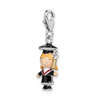 Amore La Vita Sterling Silver Rhodium-plated Polished 3-D Enameled Girl Graduate Charm with Fancy Lobster Clasp view 4