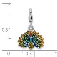 Amore La Vita Sterling Silver Rhodium-plated Polished 3-D Enameled Peacock Charm with Fancy Lobster Clasp view 4