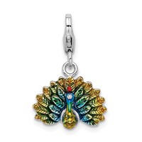 Amore La Vita Sterling Silver Rhodium-plated Polished 3-D Enameled Peacock Charm with Fancy Lobster Clasp view 1