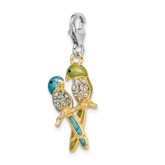 Amore La Vita Sterling Silver Rhodium-plated and Gold-plated Polished 3-D Glitter Enameled Crystal Love Birds Charm