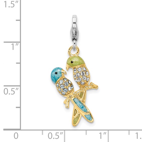 Amore La Vita Sterling Silver Rhodium-plated and Gold-plated Polished 3-D Glitter Enameled Crystal Love Birds Charm