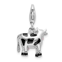 Amore La Vita Sterling Silver Rhodium-plated Polished Enameled 3-D Cow Charm with Fancy Lobster Clasp view 3