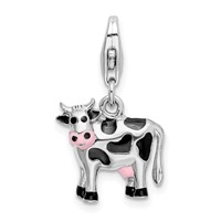 Amore La Vita Sterling Silver Rhodium-plated Polished Enameled 3-D Cow Charm with Fancy Lobster Clasp view 1