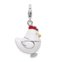Amore La Vita Sterling Silver Rhodium-plated Polished 3-D Enameled Chicken Charm with Fancy Lobster Clasp view 1