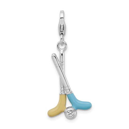 Amore La Vita Sterling Silver Rhodium-plated Polished Enameled Crystal Golf Clubs Charm with Fancy Lobster Clasp