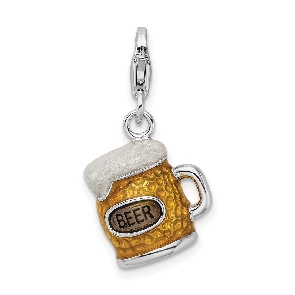 Amore La Vita Sterling Silver Rhodium-plated Polished 3-D Enameled Beer Mug Charm with Fancy Lobster Clasp