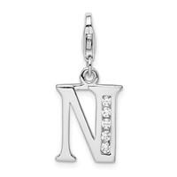 Amore La Vita Sterling Silver Rhodium-plated Polished CZ Letter N Initial Charm with Fancy Lobster Clasp view 1