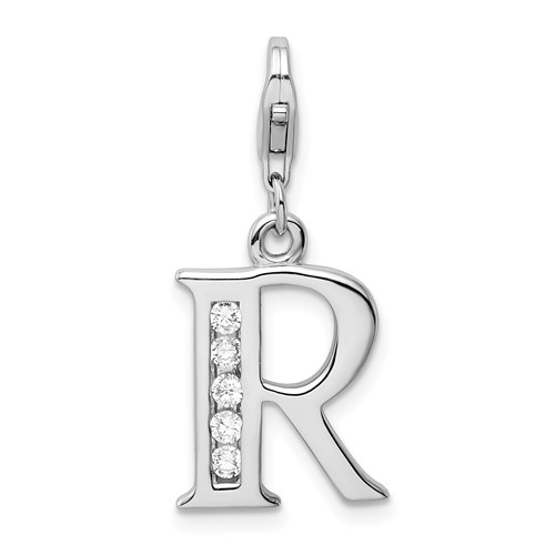 Amore La Vita Sterling Silver Rhodium-plated Polished CZ Letter R Initial Charm with Fancy Lobster Clasp