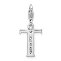 Amore La Vita Sterling Silver Rhodium-plated Polished CZ Letter T Initial Charm with Fancy Lobster Clasp view 3