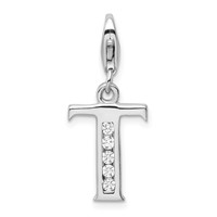 Amore La Vita Sterling Silver Rhodium-plated Polished CZ Letter T Initial Charm with Fancy Lobster Clasp view 1