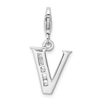 Amore La Vita Sterling Silver Rhodium-plated Polished CZ Letter V Initial Charm with Fancy Lobster Clasp view 3